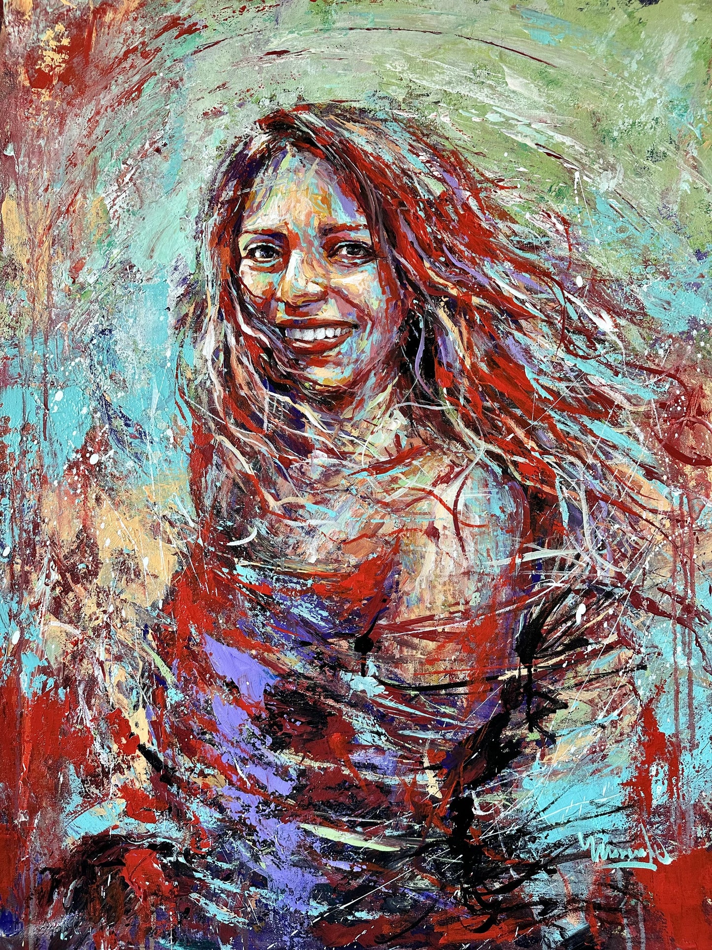 Abstract painting of a woman with long hair and a smile