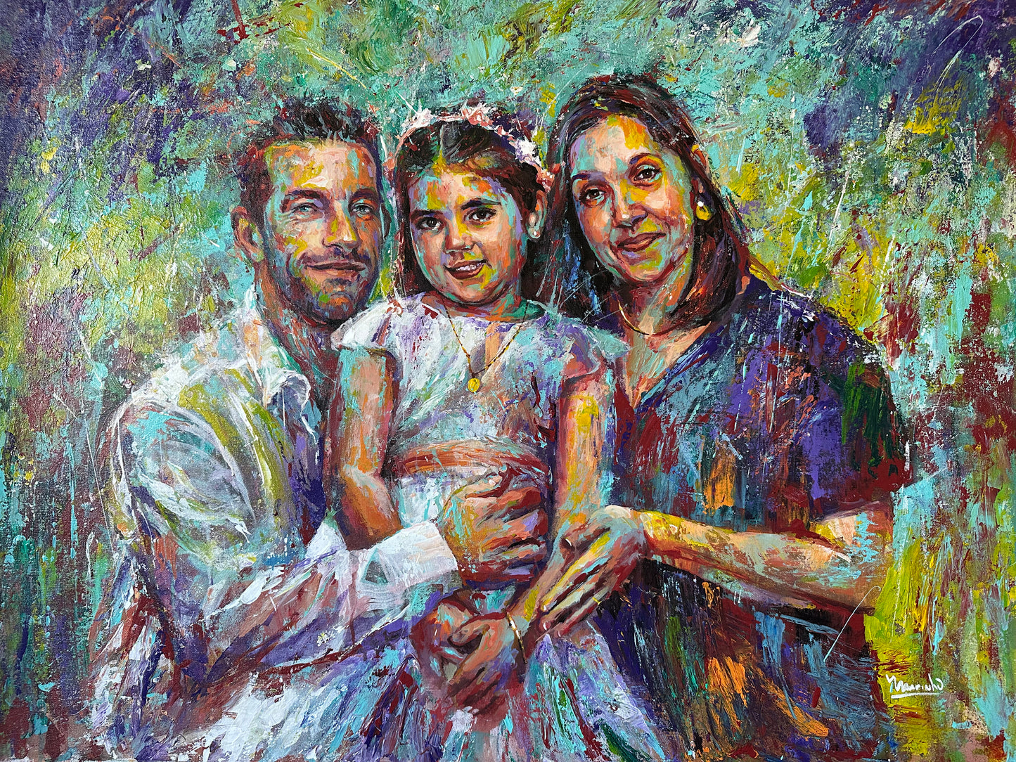Painting of a family with a father, mother, and daughter against a textured background.