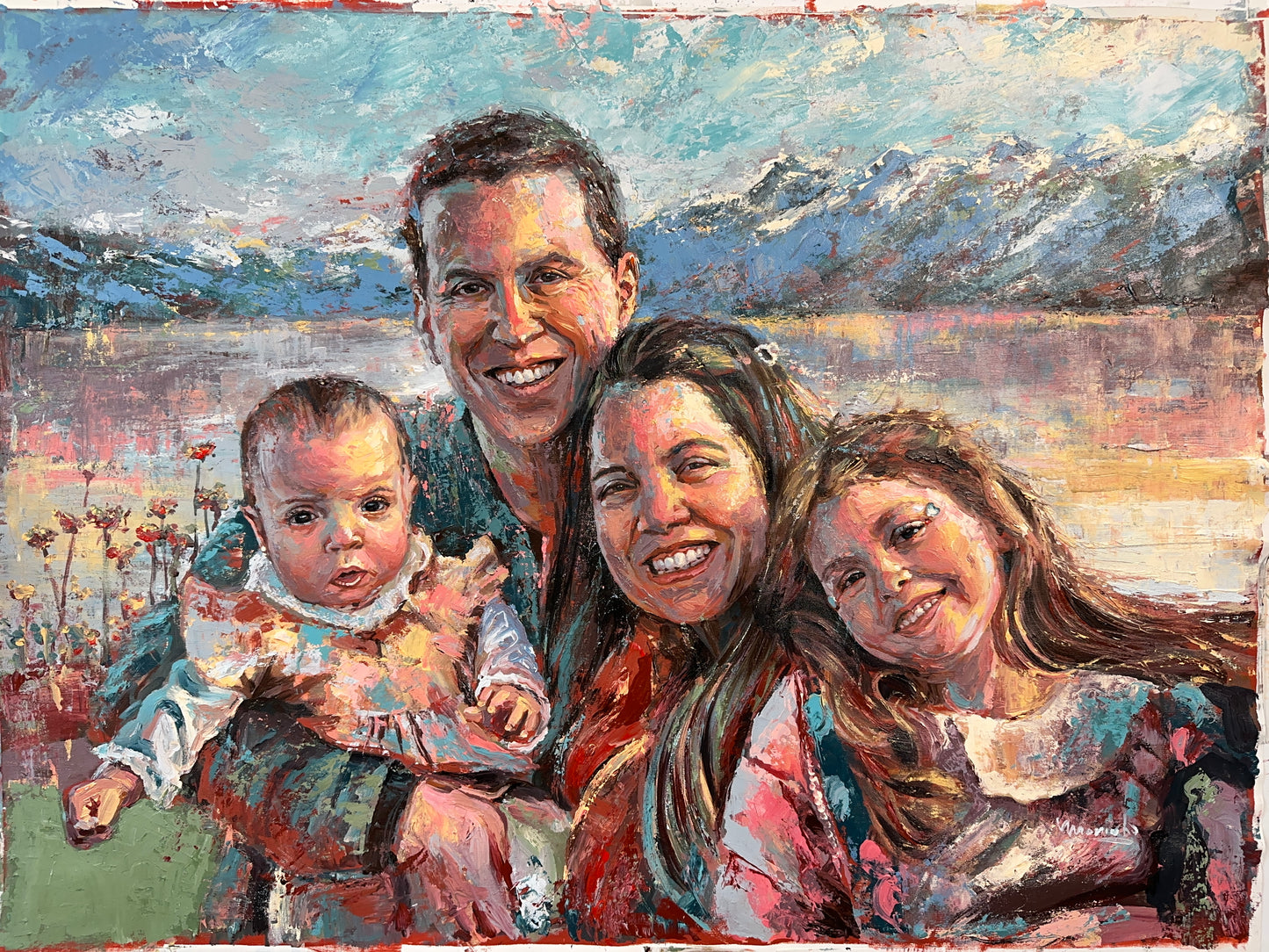 Painting of a family of four with a mountainous background