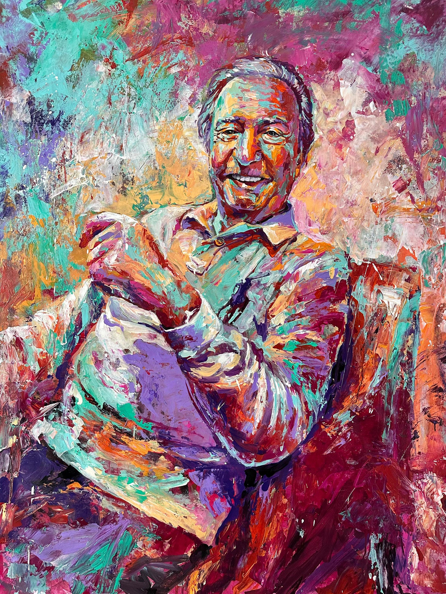 Colorful abstract painting of a man sitting on a couch