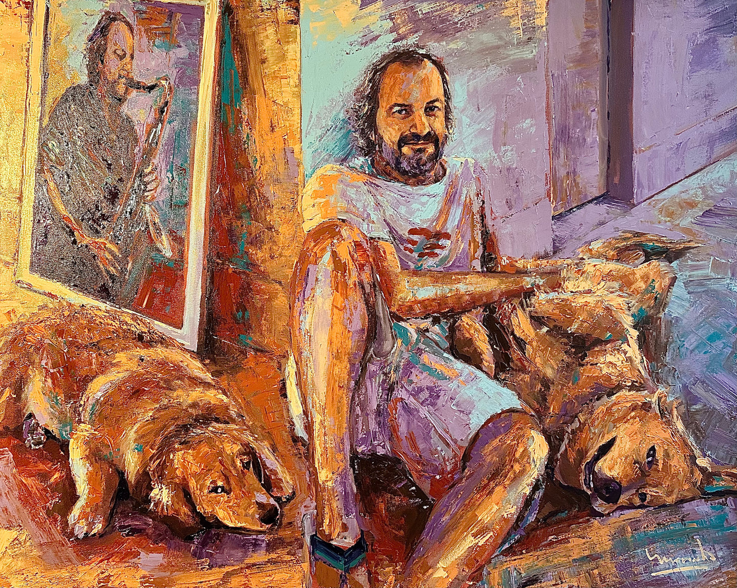Painting of a man sitting with two dogs in a room with a mirror reflecting another person.