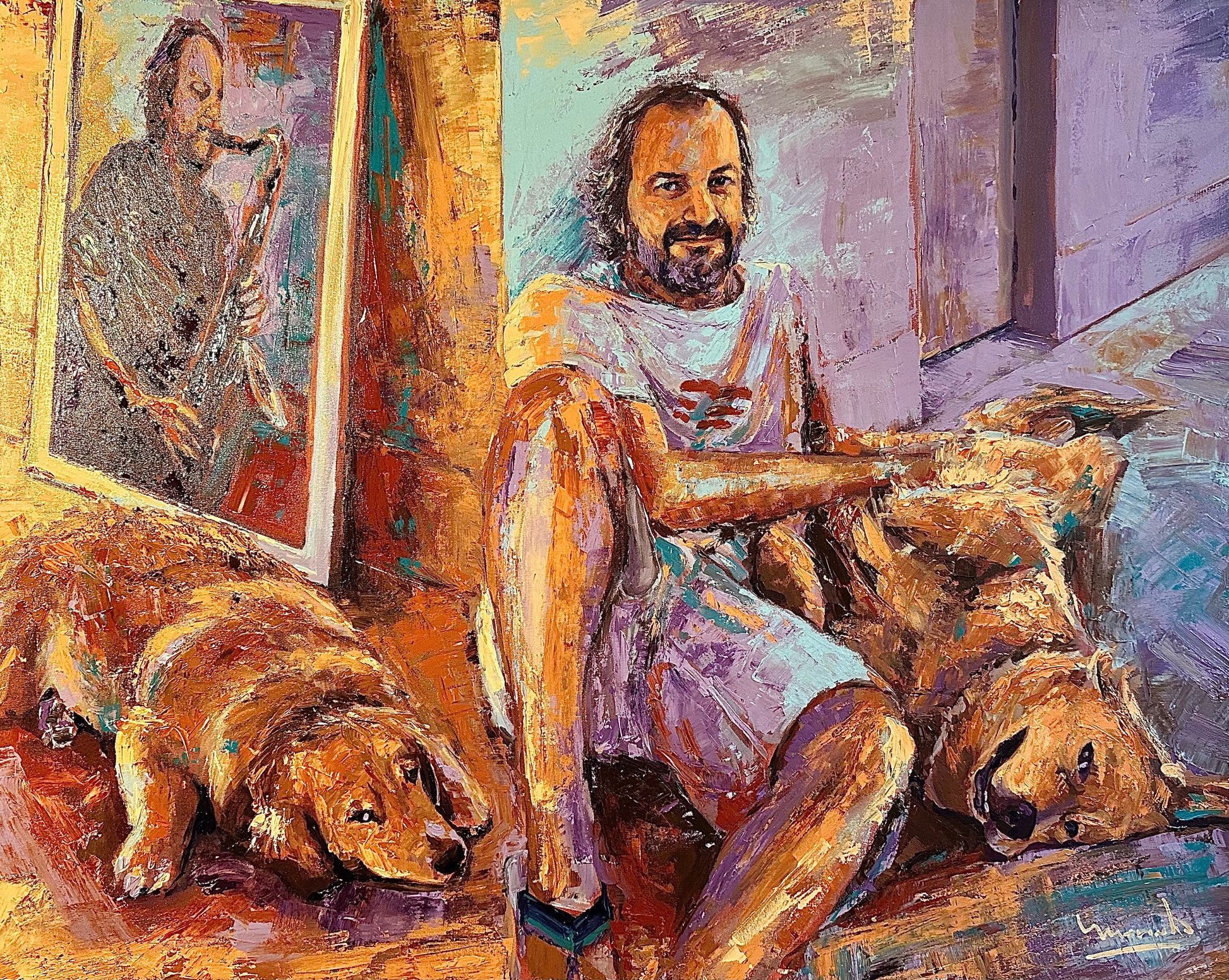 Painting of a man sitting with two dogs in a room with a mirror reflecting another person.
