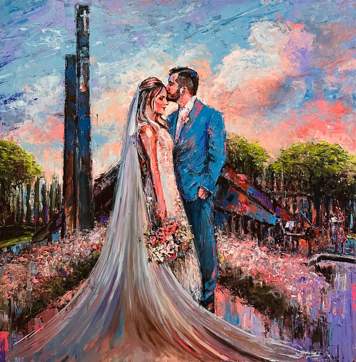 Painting of a bride and groom embracing with a city skyline in the background