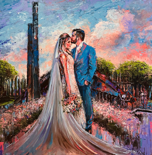 Painting of a bride and groom embracing with a city skyline in the background