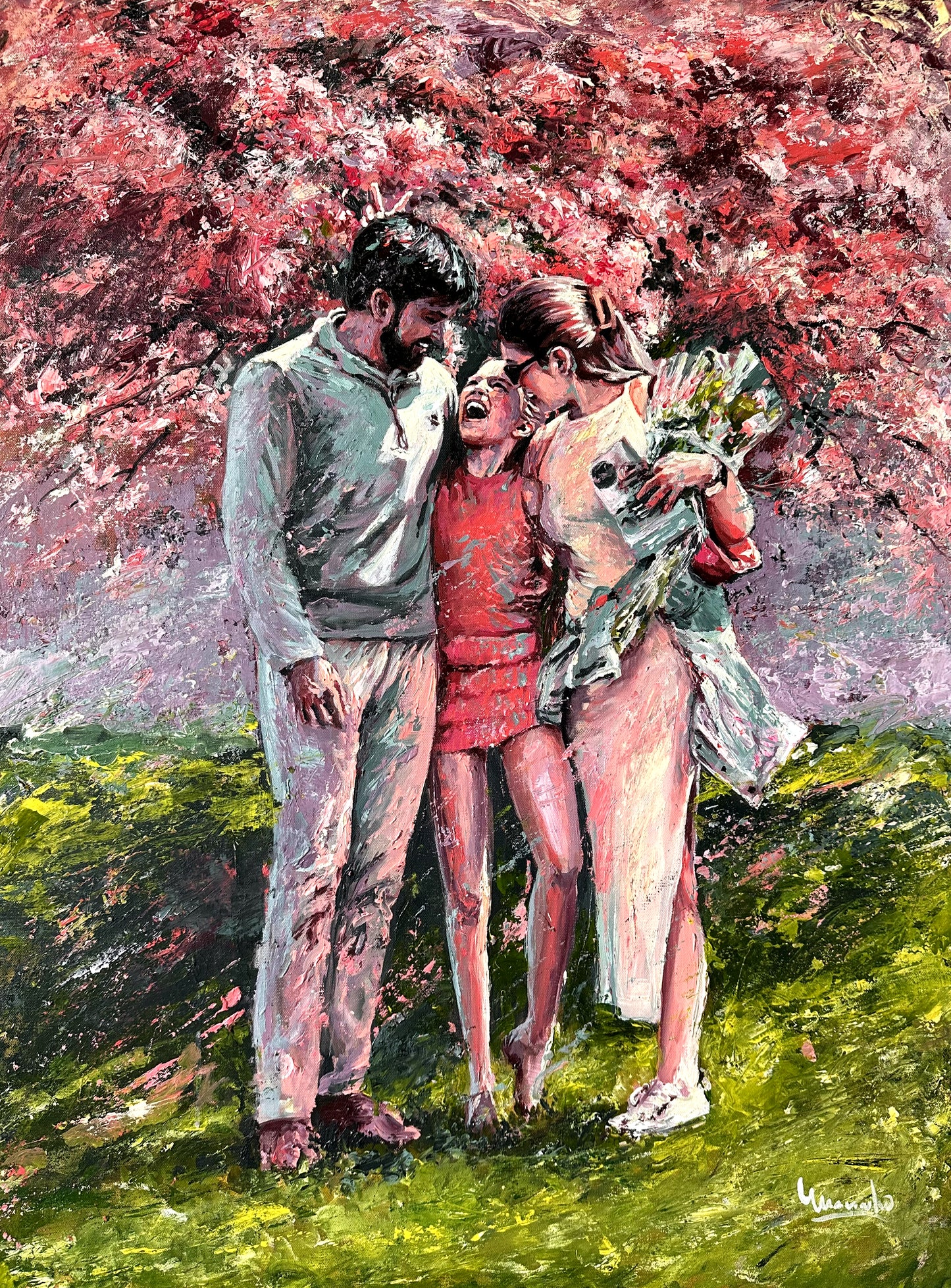 A painting depicting three people standing near flowers, under a tree with pink leaves.