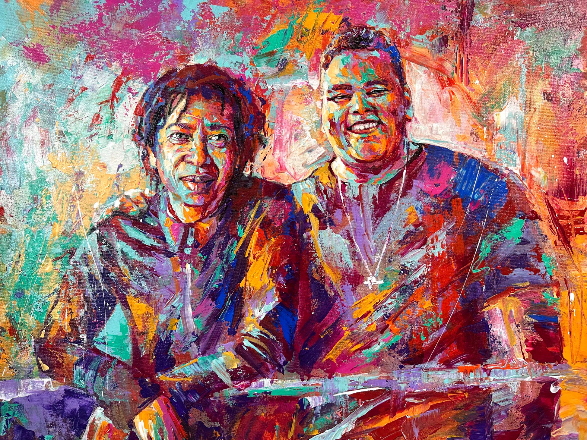 Colorful abstract painting of two people sitting together Djavan and Duzão