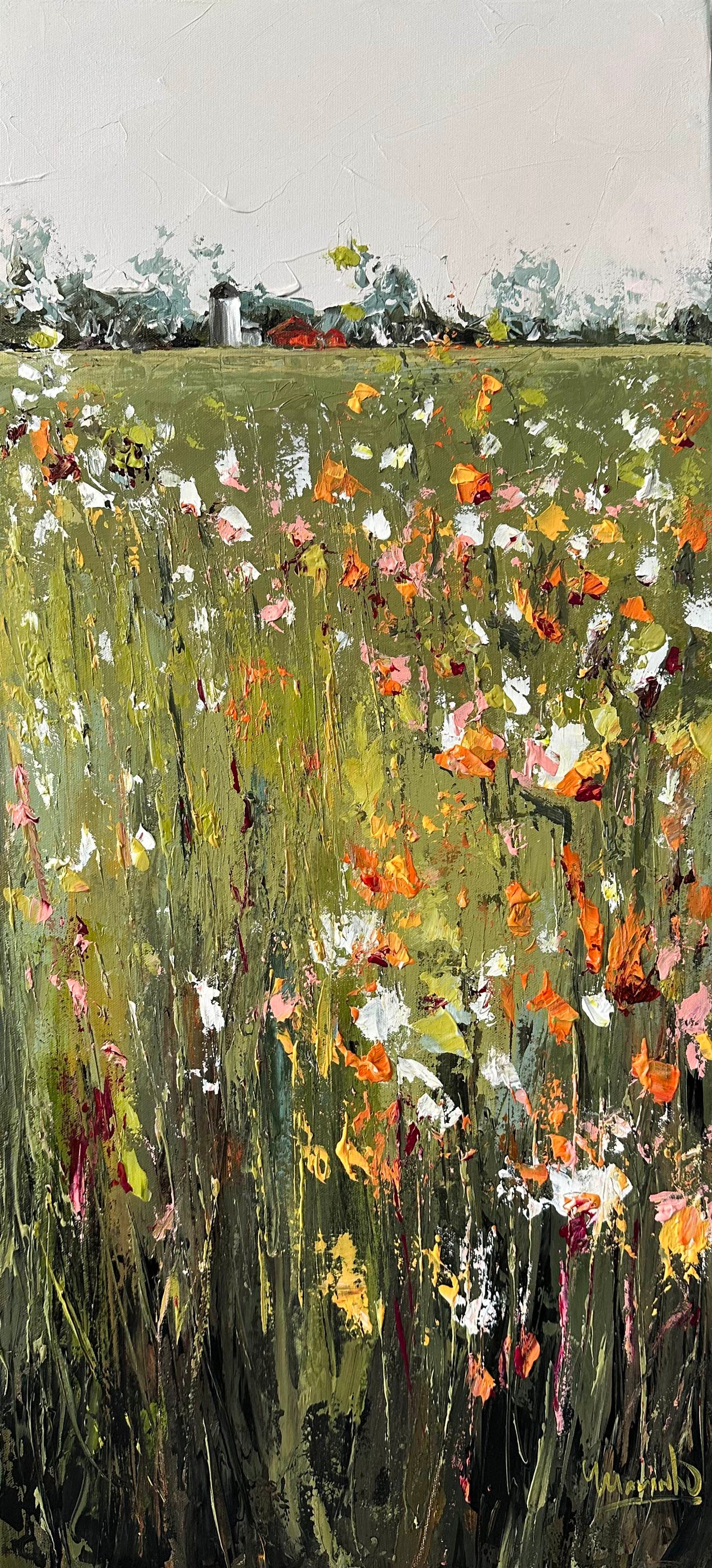 Painting of a field with colorful flowers and grass