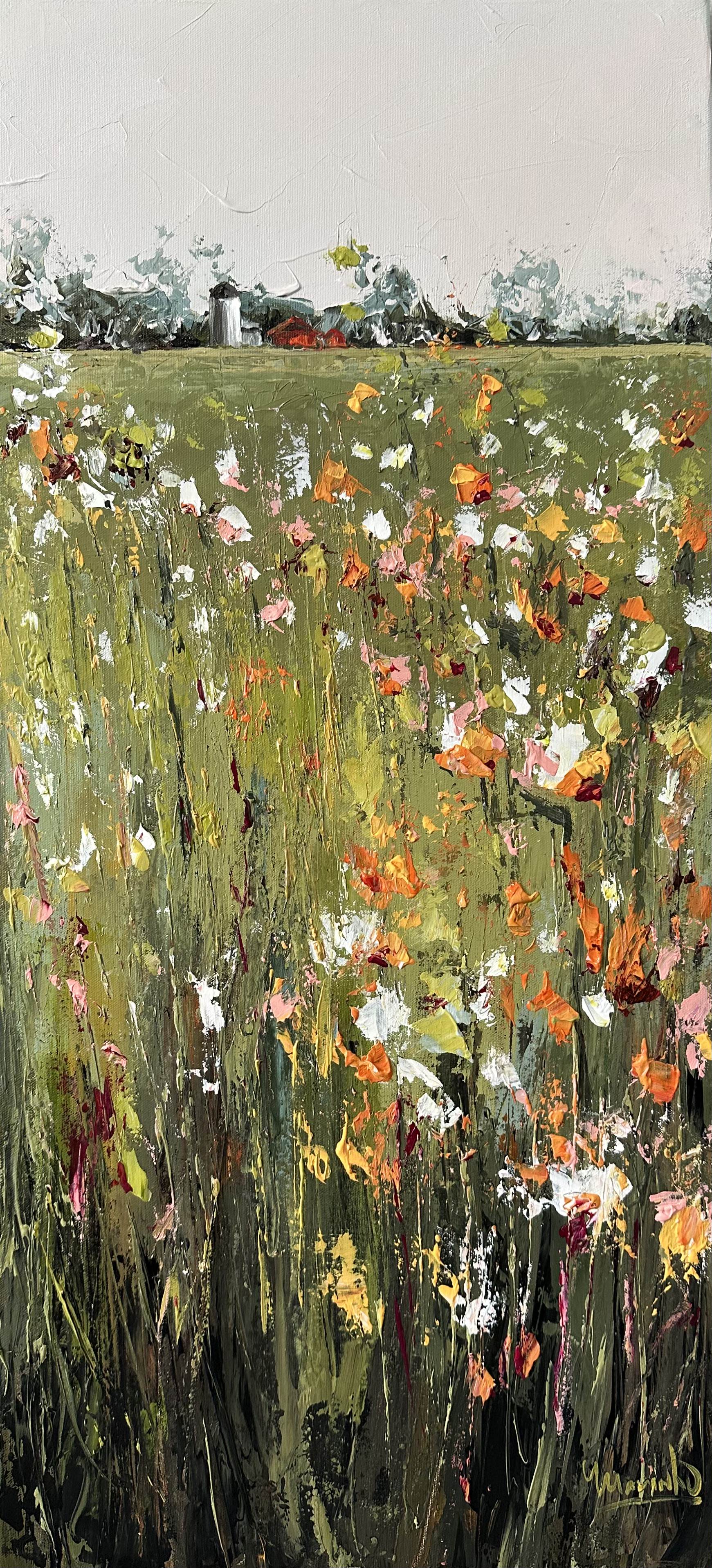 Painting of a field with colorful flowers and grass