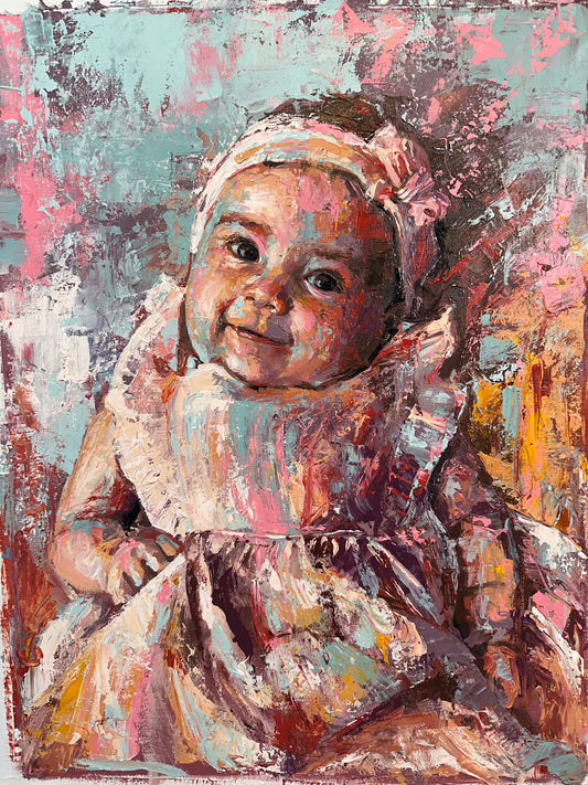 Painting of a baby wearing a bonnet with a textured background