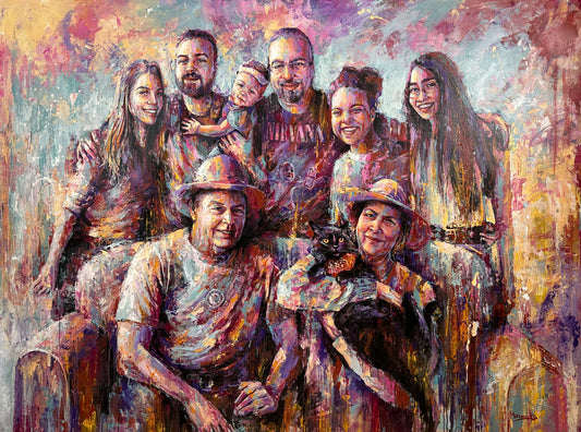 Colorful painting of a family with a cat