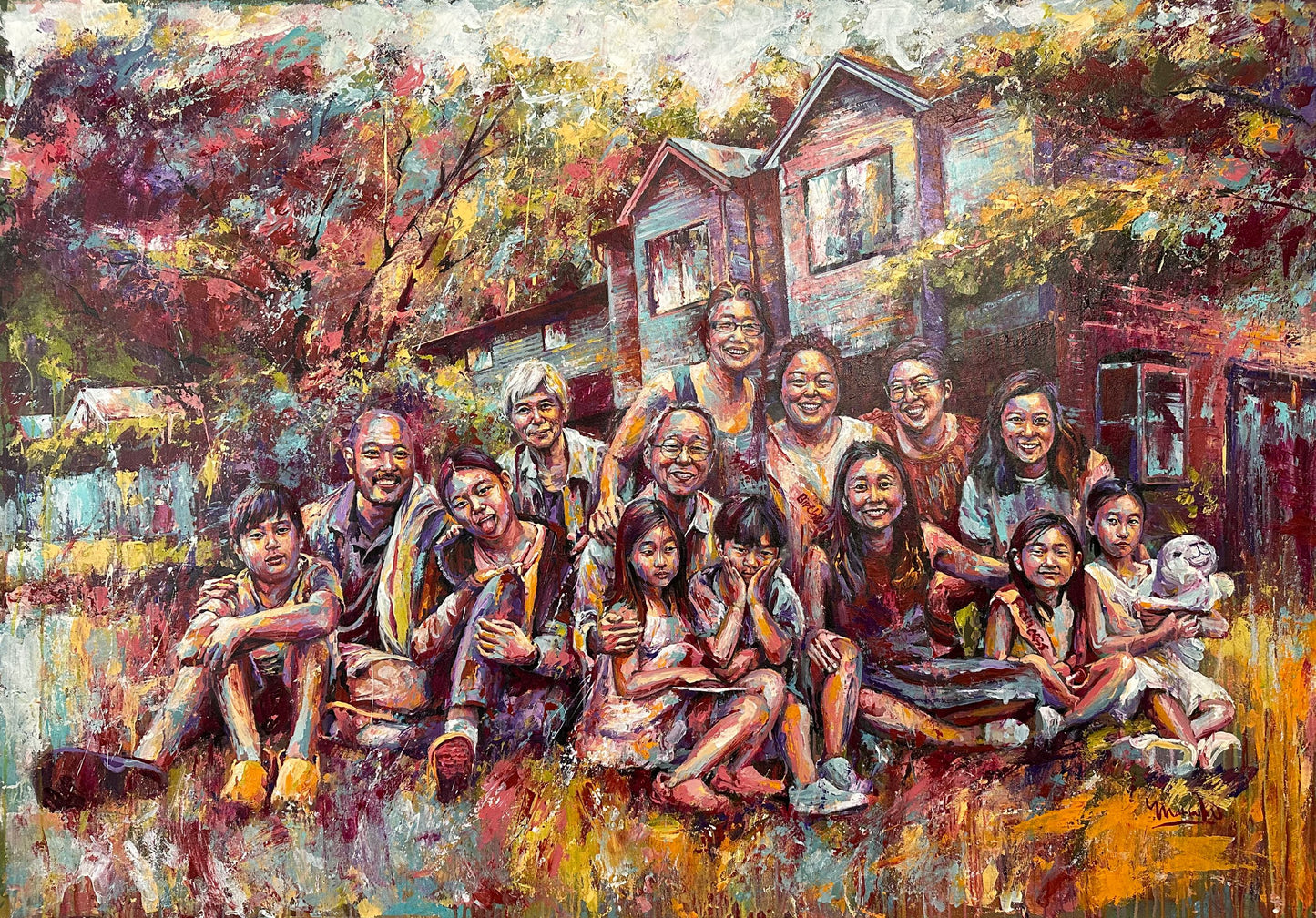 Painting of a family gathering in a colorful outdoor setting