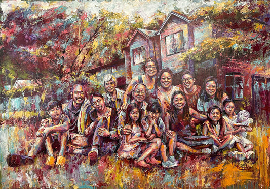 Painting of a family gathering in a colorful outdoor setting