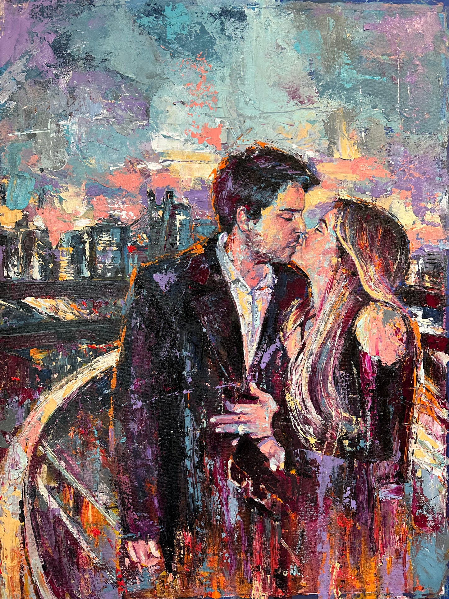 Painting of a couple embracing with a cityscape background