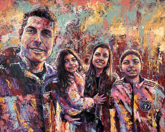 Colorful abstract painting of a family portrait with four people.