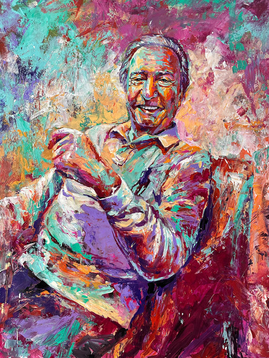 Colorful abstract painting of a man sitting on a couch