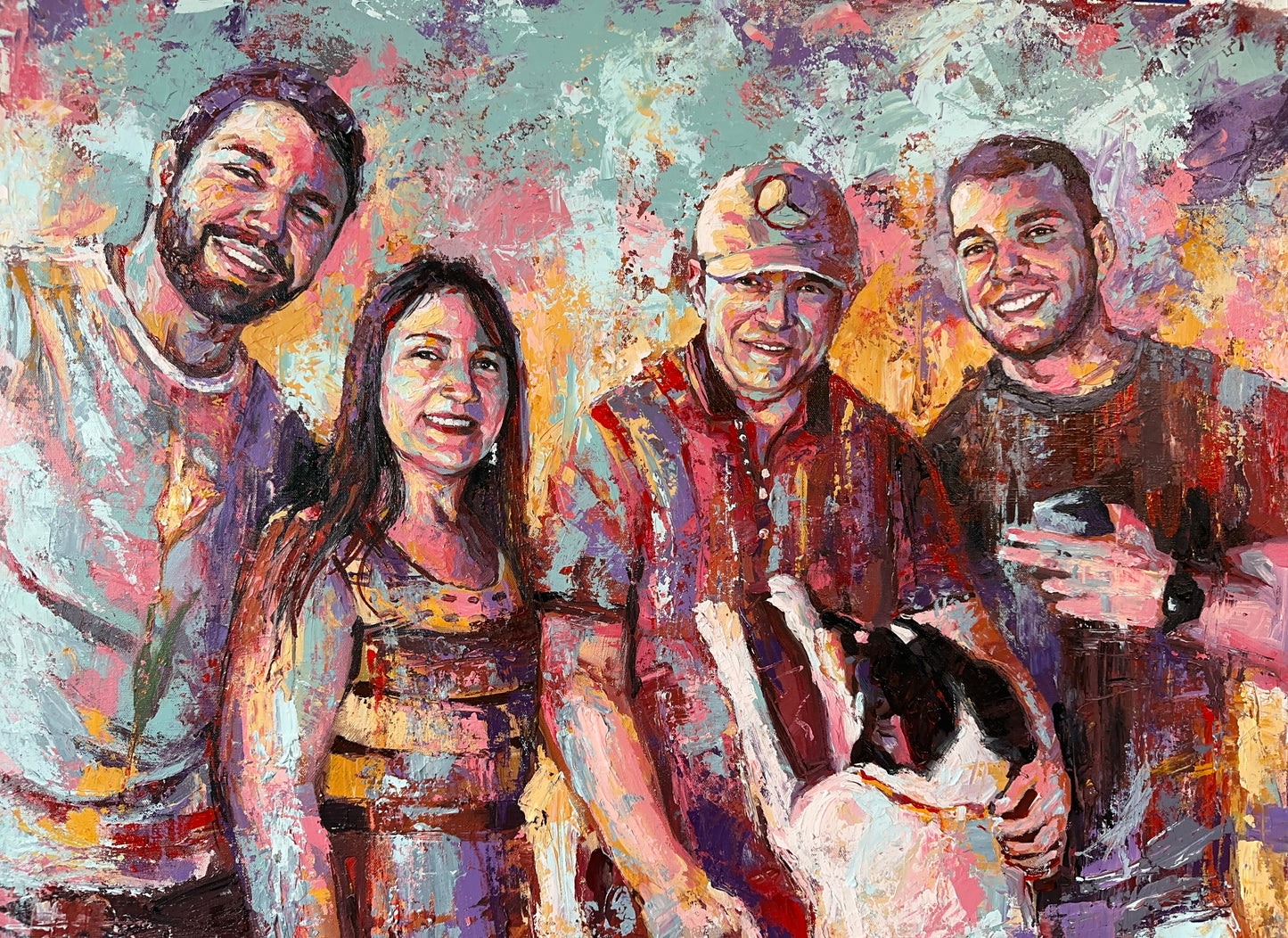 Colorful painting of four people with a dog