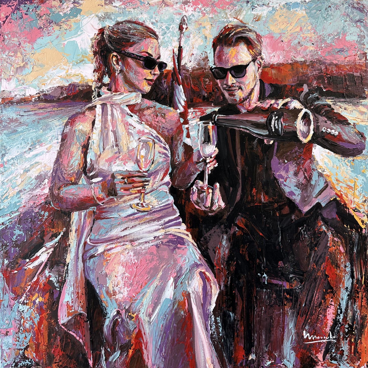 Colorful painting of a man and woman holding wine glasses and a violin.