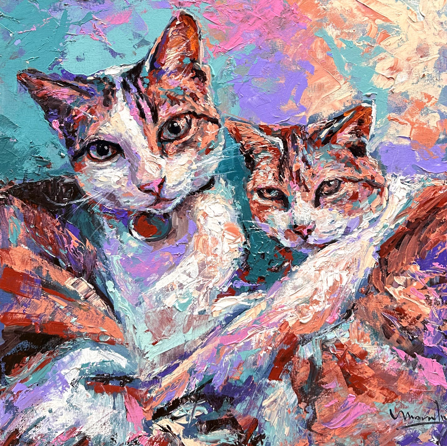 Colorful painting of two cats hugging each other