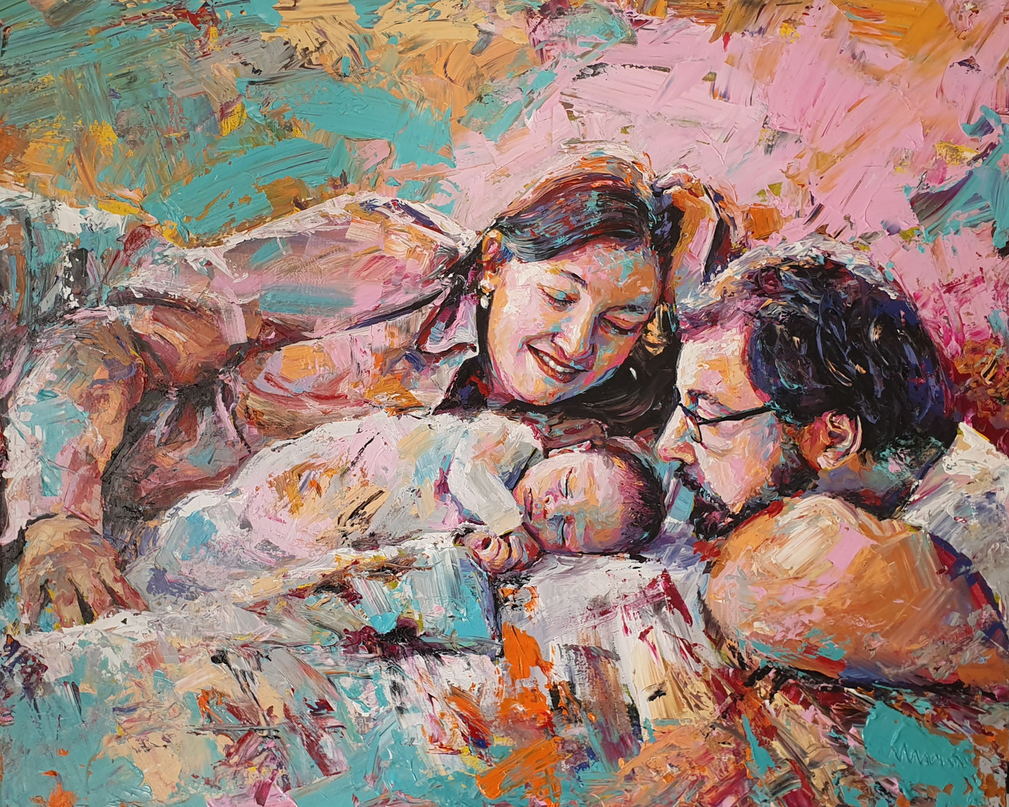 Colorful painting of a family with a baby