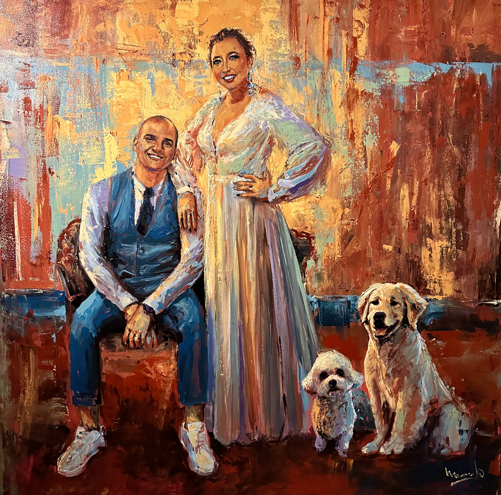 Painting of a couple with two dogs on a textured background