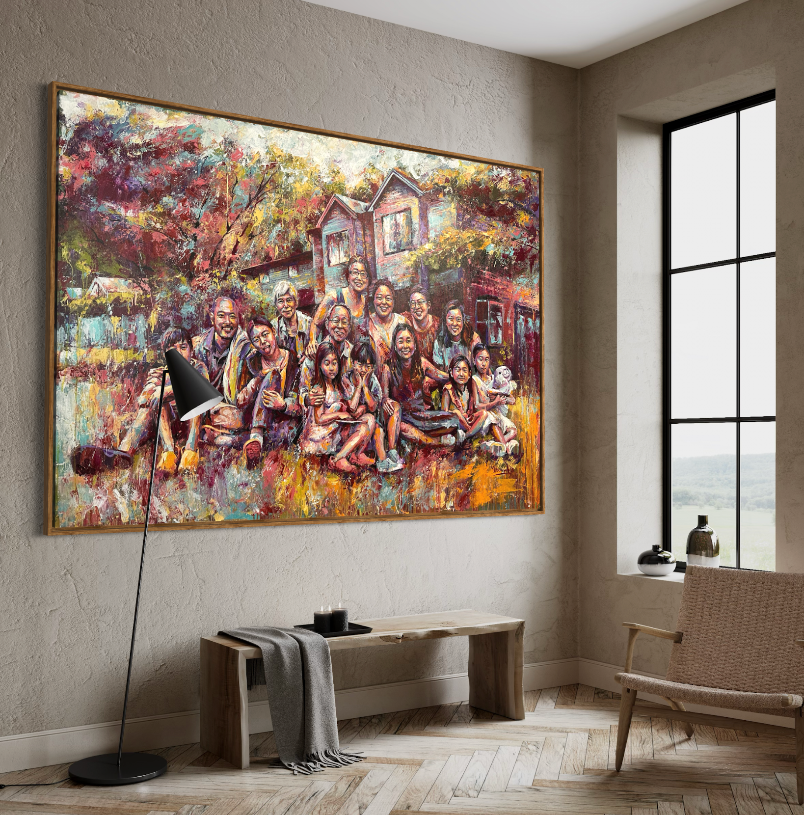 Large painting of a family group on a wall in a modern room with a window.